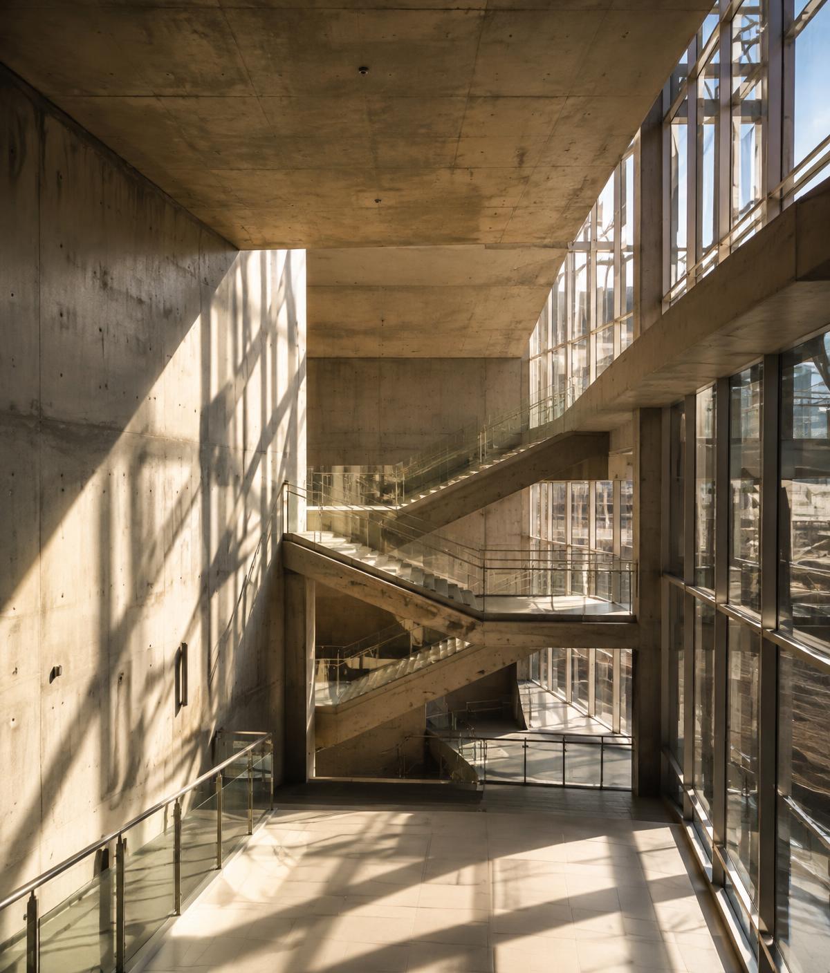 Concrete and glass atrium with staircases and long geometric shadows