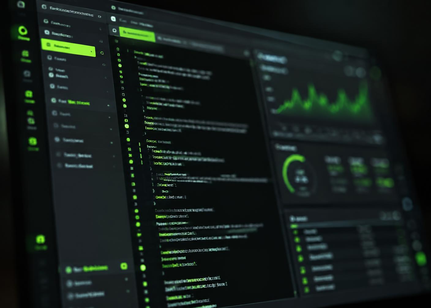 Dark software interface showing code editor and monitoring dashboard with lime highlights